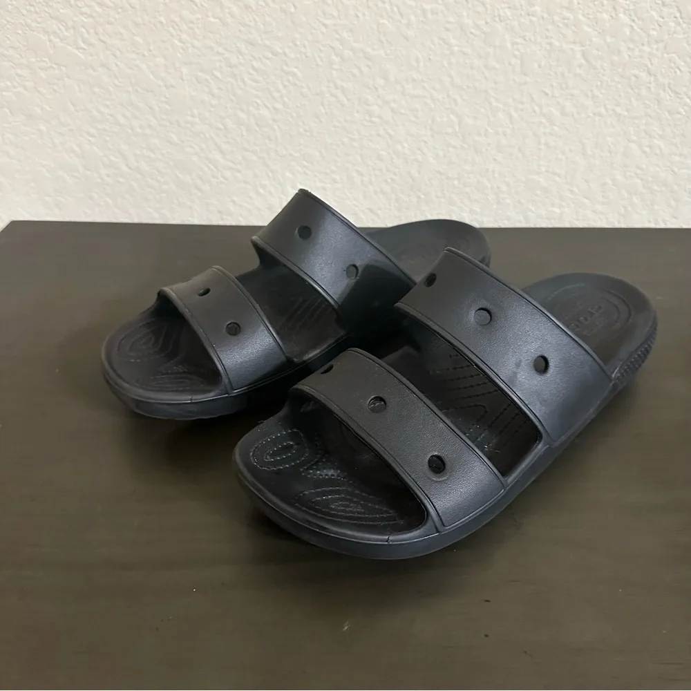 Crocs Black Slide Sandals Two Strap Flip Flops Hole Details Classic